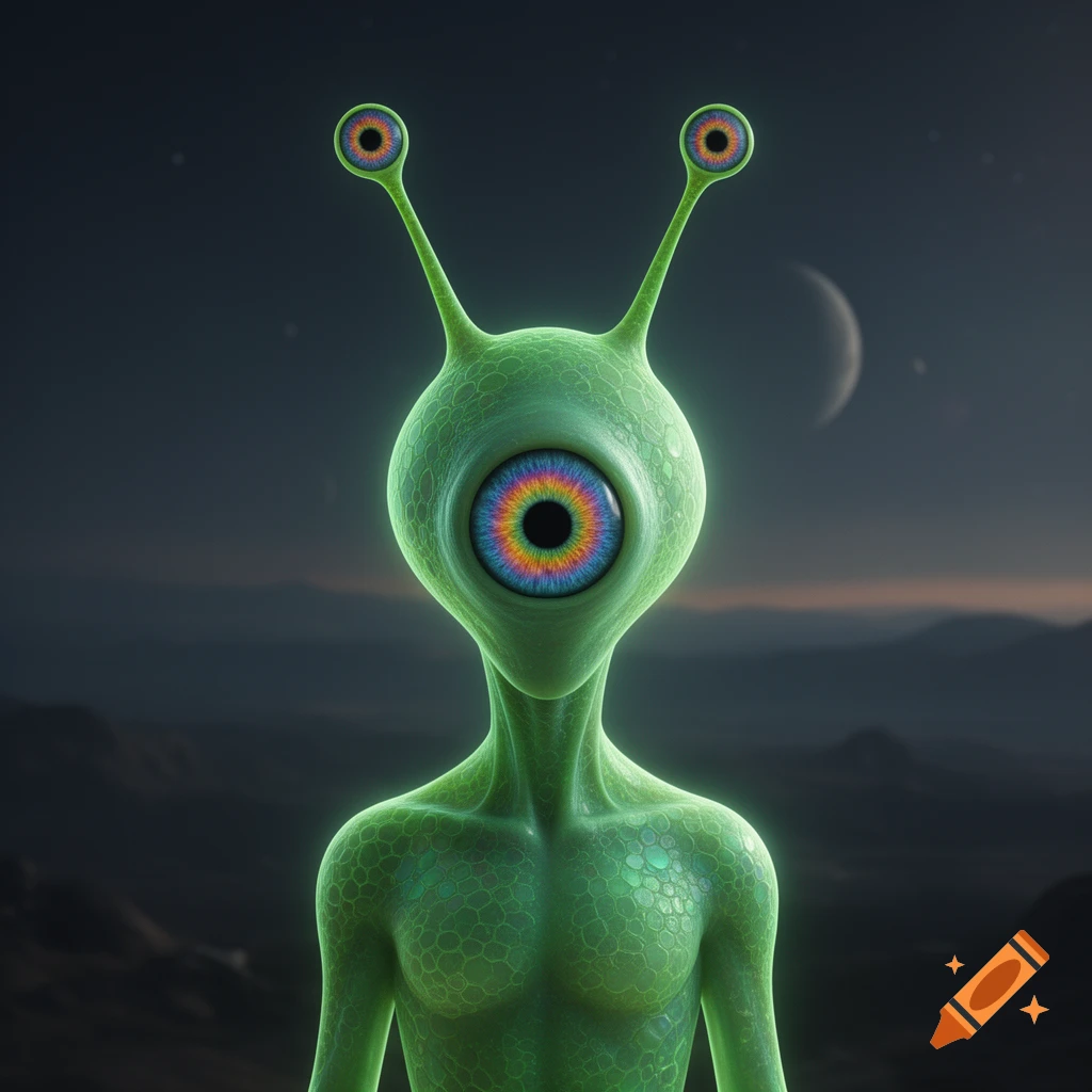 A vibrant neon green alien creature with a large central rainbow-colored eye and two smaller rainbow eyes on its antennae, against a night sky with a crescent moon.