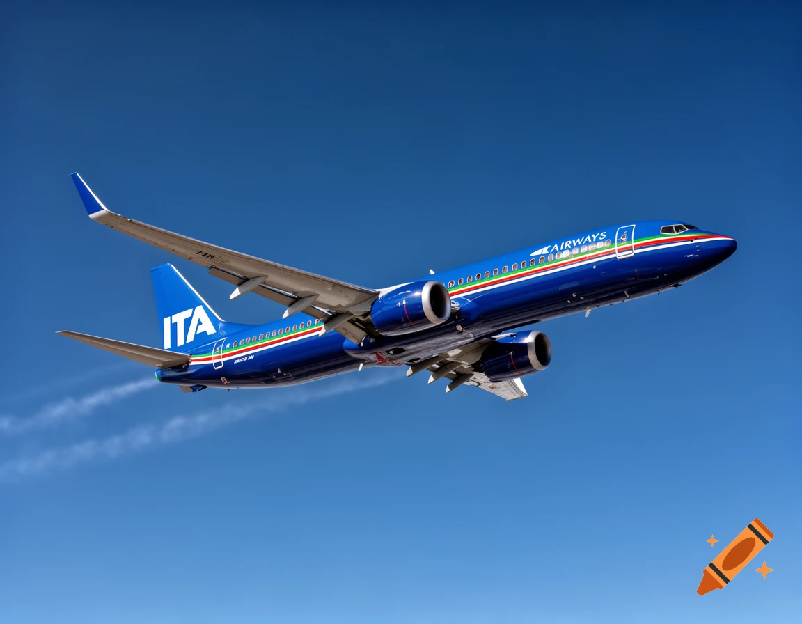 A blue ITA Airways Boeing 737 MAX 9 airplane with red, white, and green stripes flying against a clear blue sky.