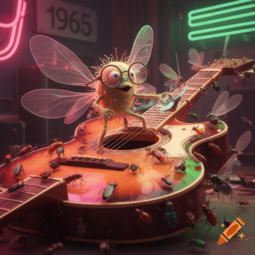 A whimsical 3D render of a green, winged creature wearing glasses standing on a guitar, surrounded by various insects, under neon lights.