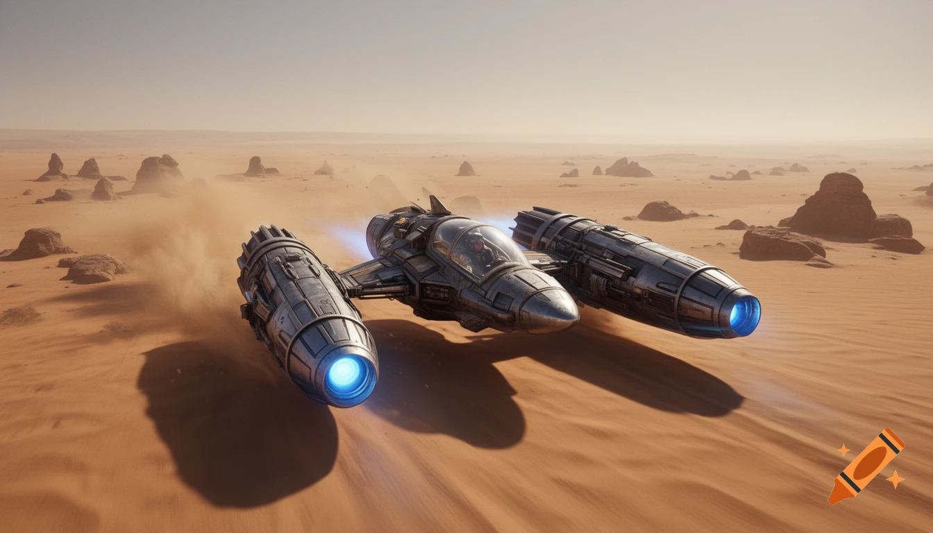 A futuristic sci-fi vehicle with three large engines hovers low over a dusty, rocky desert landscape, kicking up sand.