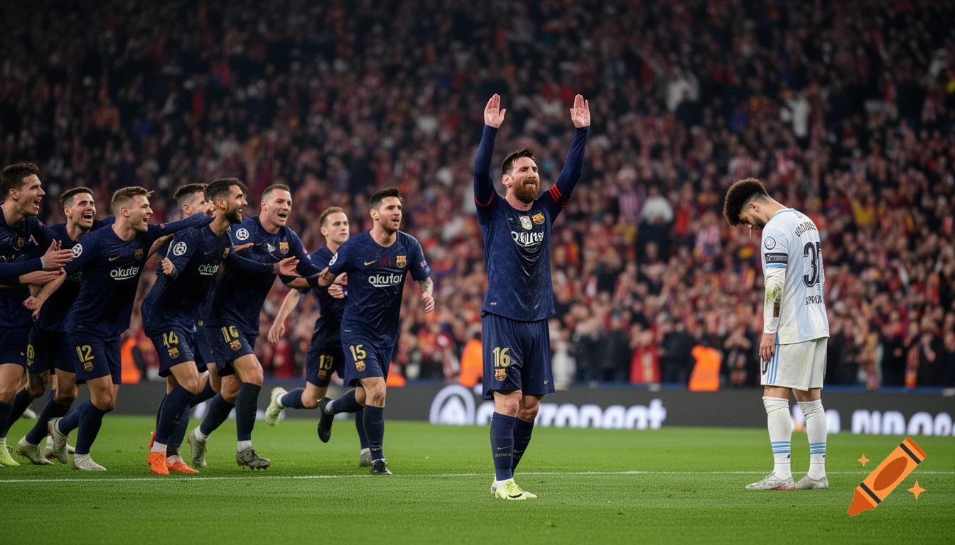 Lionel Messi celebrates a goal with his FC Barcelona teammates, arms raised, while a dejected opposing player stands nearby, in a packed stadium.