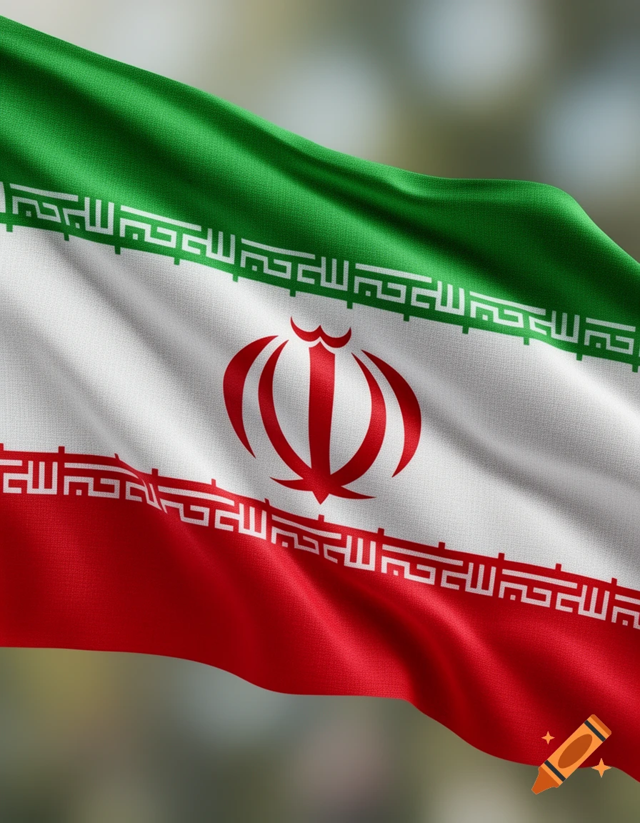 A photorealistic flag of Iran, green, white, and red with its national emblem, waving in the wind.