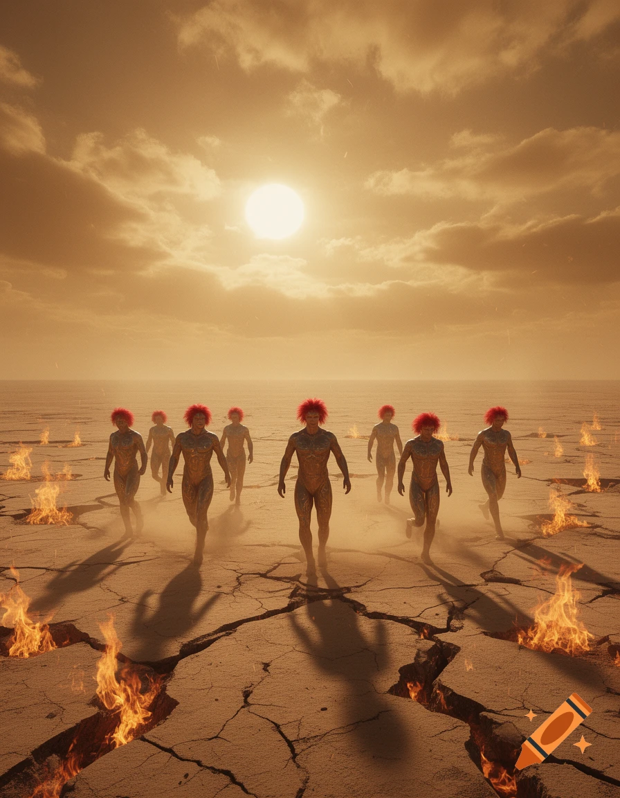 Red-haired humanoid figures walk across a cracked, fiery wasteland under a bright sun in a hazy, orange sky.