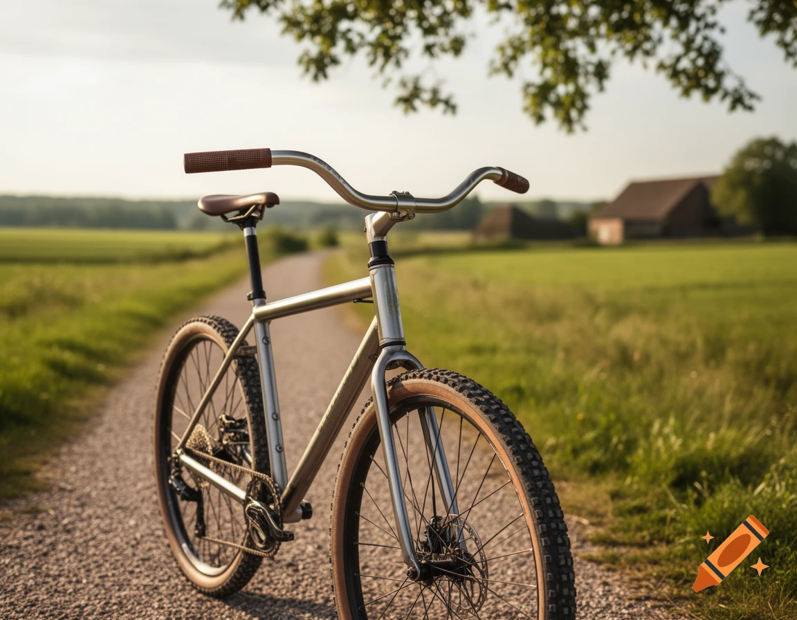 A silver gravel bike with a brown seat and handlebars rests on a gravel path in a sunny rural landscape with green fields and distant barns.