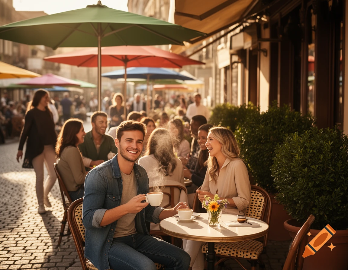 A man and woman smile at an outdoor cafe on a sunny day, with other people and colorful umbrellas in the background. Photorealistic style.