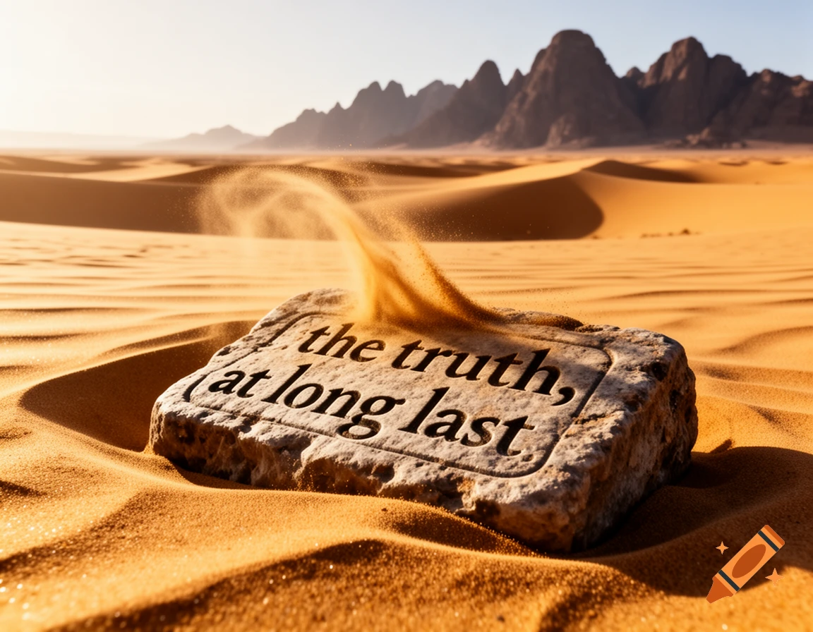 A stone tablet with the inscription 'the truth, at long last' partially buried in wind-swept desert sand dunes with mountains in the background.