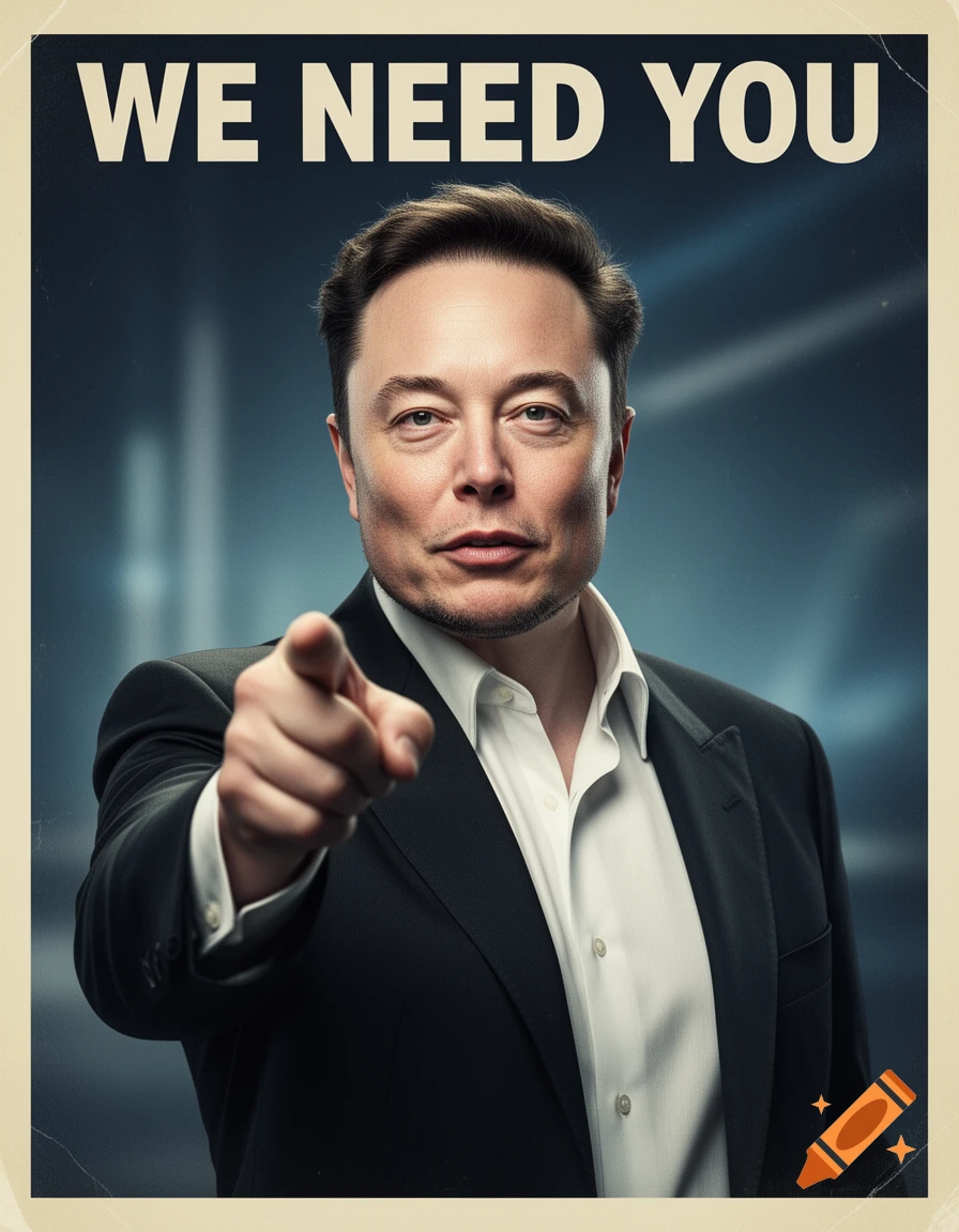 A retro-style propaganda poster featuring Elon Musk, in a suit and white shirt, pointing directly at the viewer. The text "WE NEED YOU" is prominently displayed above him.