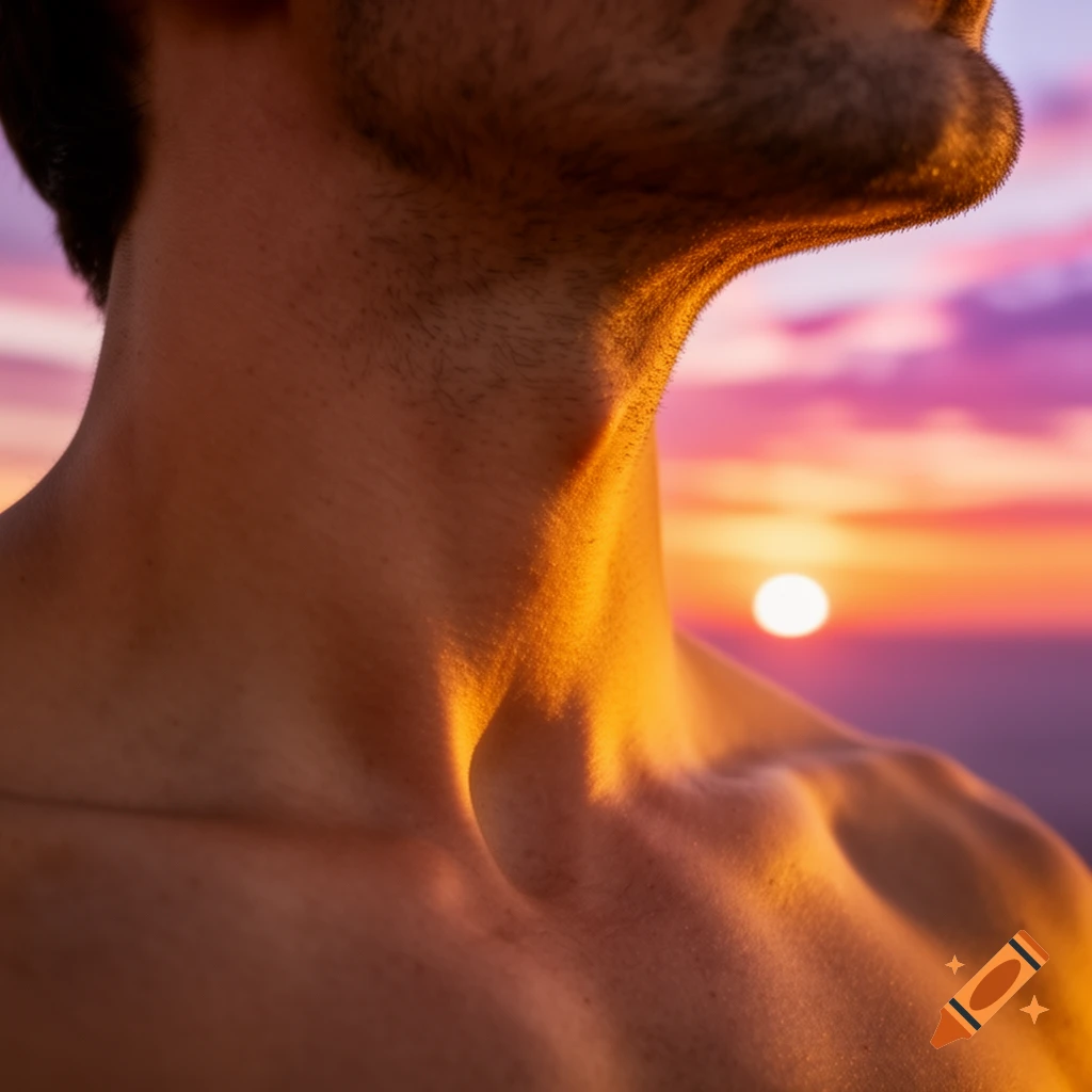 Photorealistic close-up of a man's neck and shoulder, illuminated by a golden sunset against a purple and orange sky.