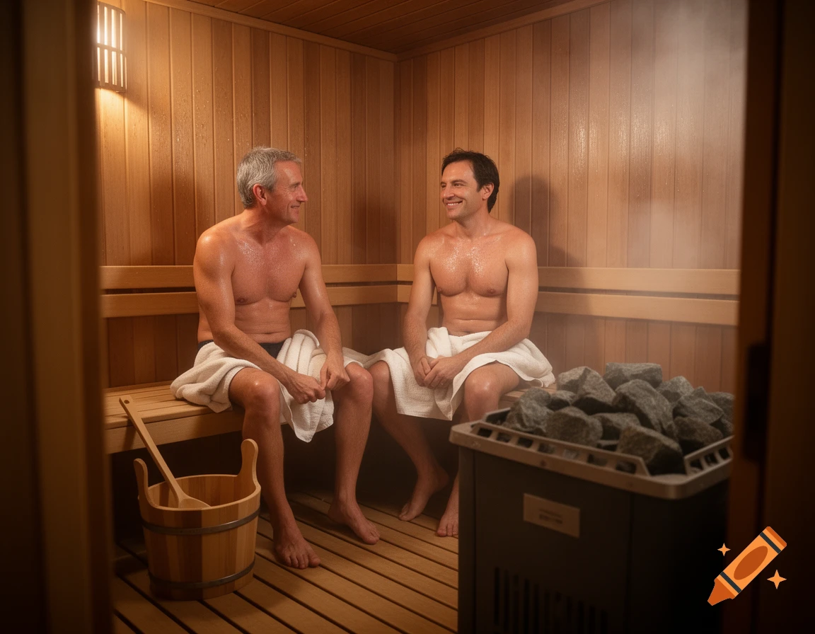 Two smiling men in towels sitting in a steamy wooden sauna with a heater and a wooden bucket.