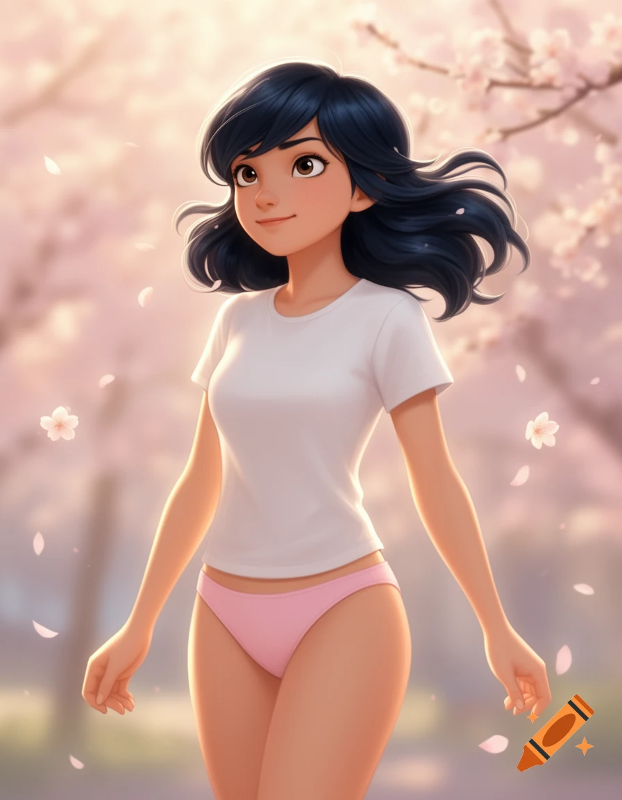 A cartoon girl with dark hair, wearing a white t-shirt and pink briefs, walks among cherry blossoms and falling petals.