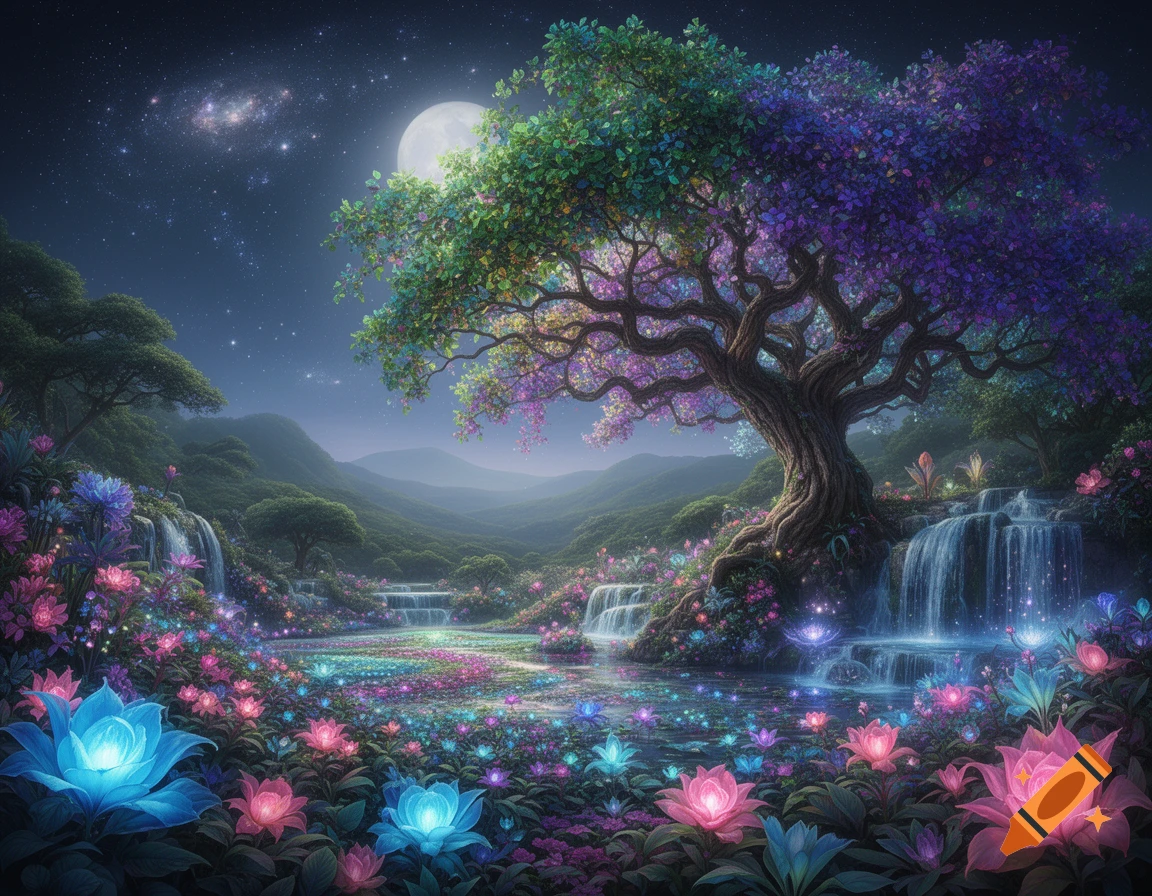 A vibrant fantasy garden at night with a full moon, star-filled sky, colorful glowing flowers, and multiple waterfalls.