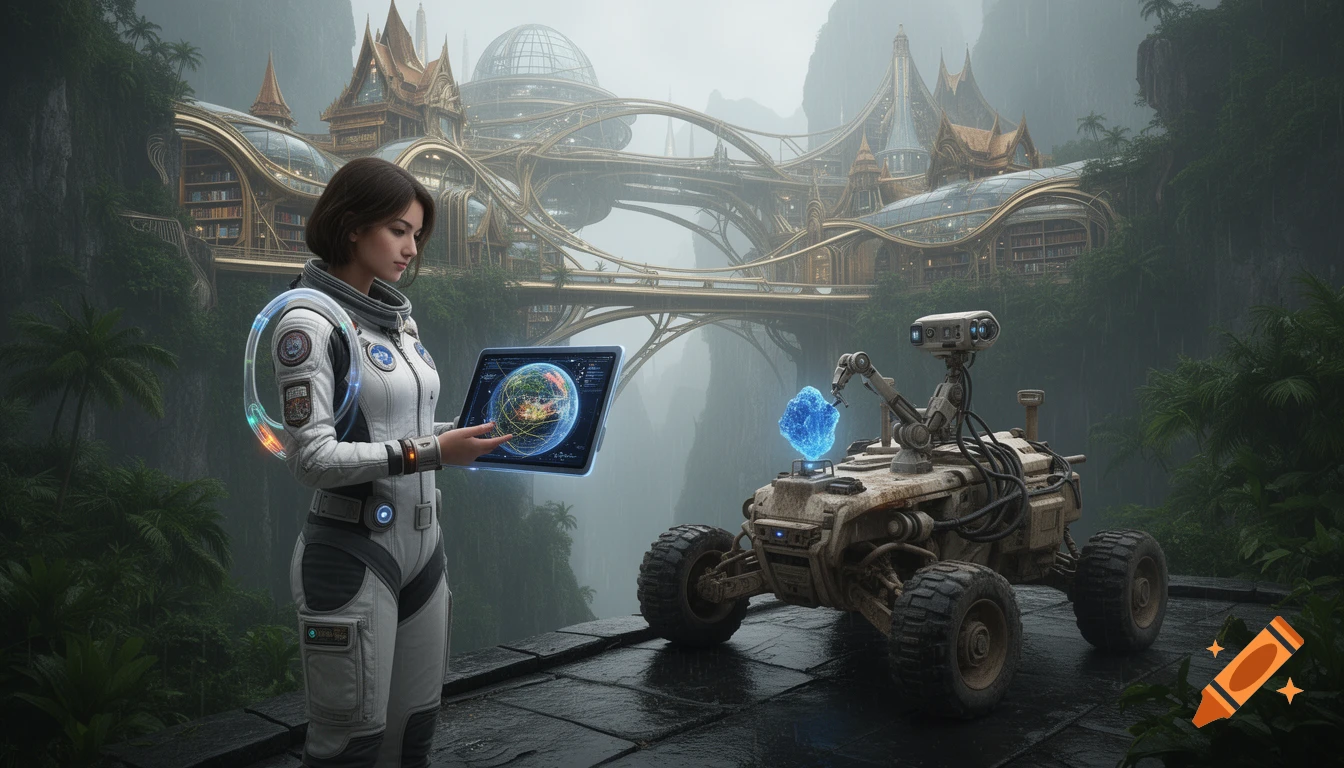 A female aerospace engineer in a white suit stands beside a planetary rover, holding a holographic tablet displaying a planet map, in front of a futuristic library built into a tropical canyon.