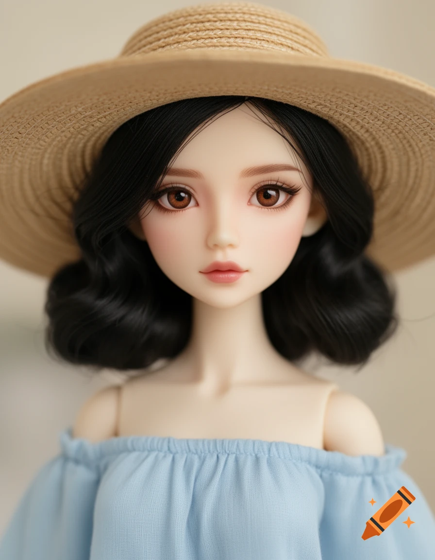 Close-up portrait of a BJD doll with black wavy hair, brown eyes, wearing a straw hat and a light blue off-shoulder top.