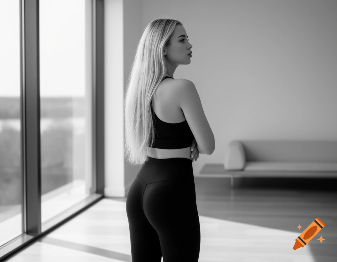 A blonde woman in a black sports bra and leggings stands in a bright room with large windows, looking away from the camera.