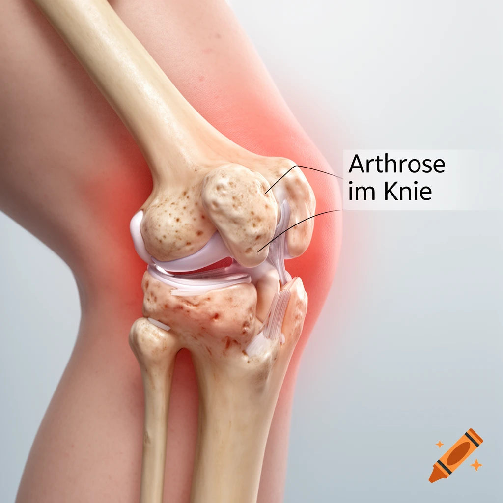 3D medical illustration of a human knee joint, bones, ligaments, and cartilage, with 'Arthrose im Knie' labeled.