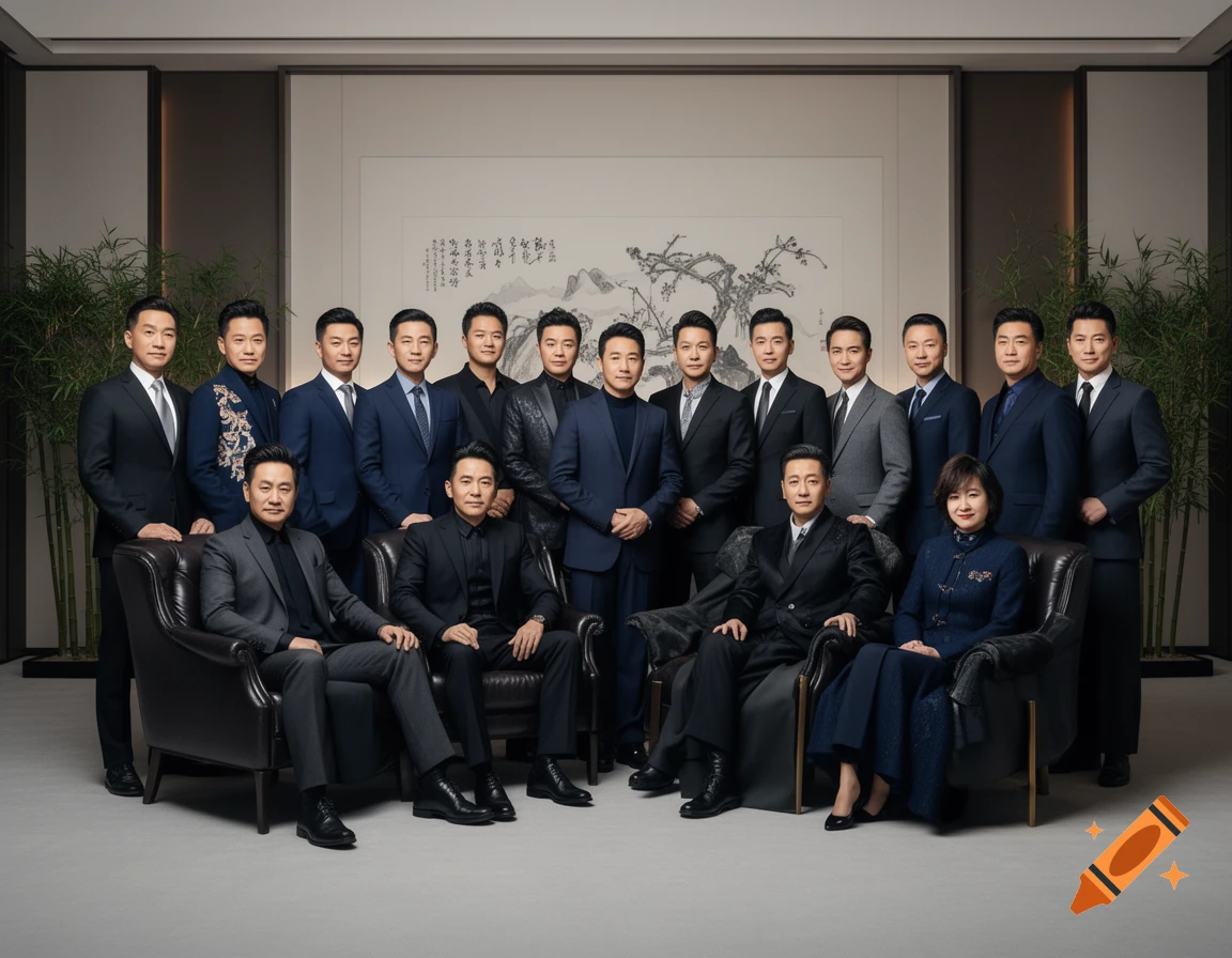 A large group portrait of professionally dressed Asian adults, mostly men, posing in an elegant room with a traditional Chinese painting in the background.