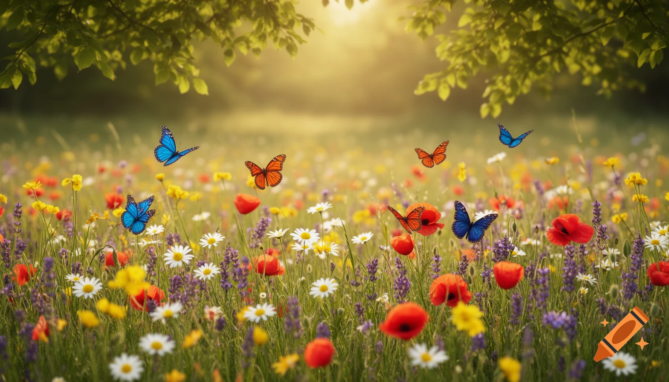 Sunny meadow teeming with red poppies, white daisies, and purple flowers, with blue and orange butterflies fluttering among them.
