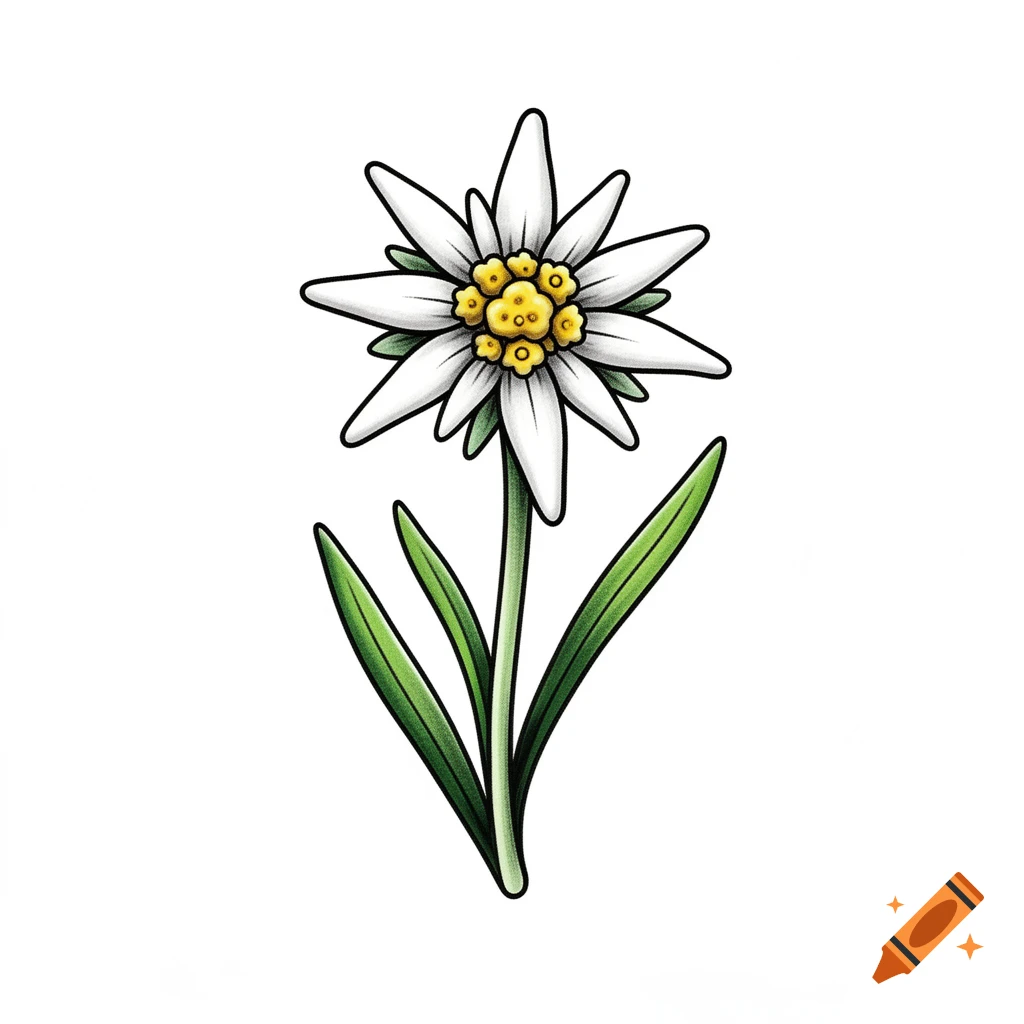 A stylized illustration of a white edelweiss flower with a yellow center and green leaves on a white background.