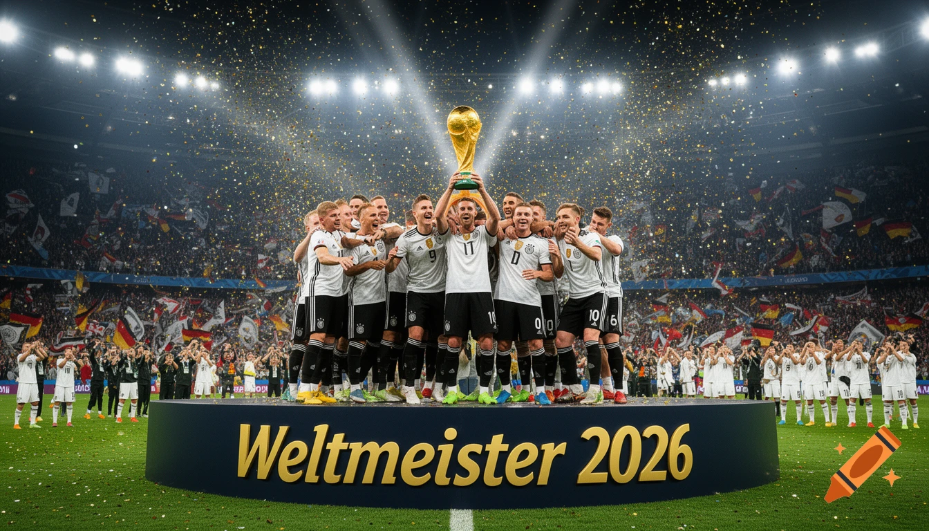 German national football team celebrating with the World Cup trophy on a podium, with confetti falling in a stadium. Text reads 'Weltmeister 2026'.