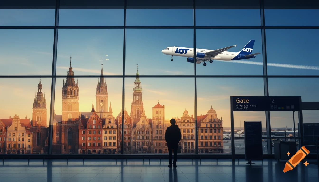Photorealistic double exposure of a traveler's silhouette looking out an airport window, merging with a historic European city skyline. An airplane flies past against a blue sky.