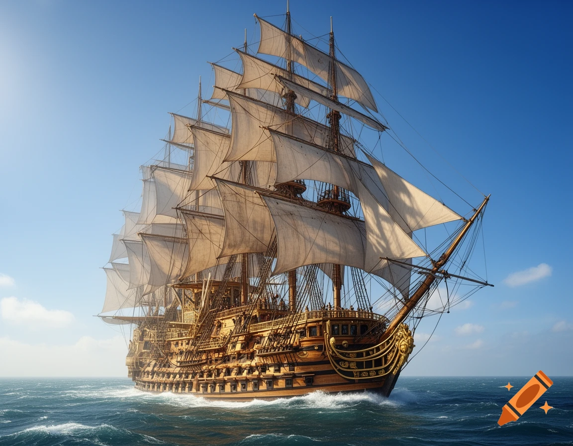 A majestic, intricately detailed tall ship with many sails and decks navigates choppy blue waters under a clear sky.