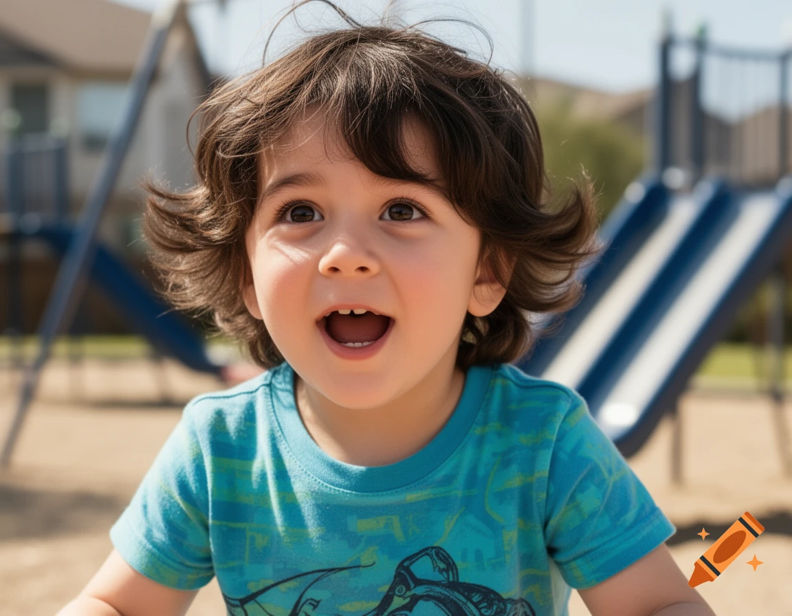 Close-up of a young child with dark, curly hair looking up with an open mouth at a sunny playground.