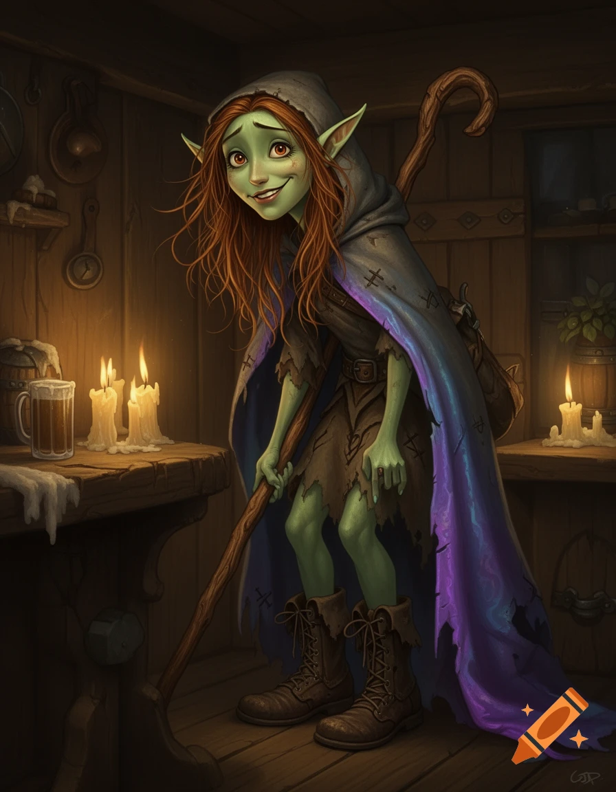 A smiling, green-skinned, red-haired elf girl in a hooded cloak and ragged clothes holds a staff in a candlelit fantasy tavern.