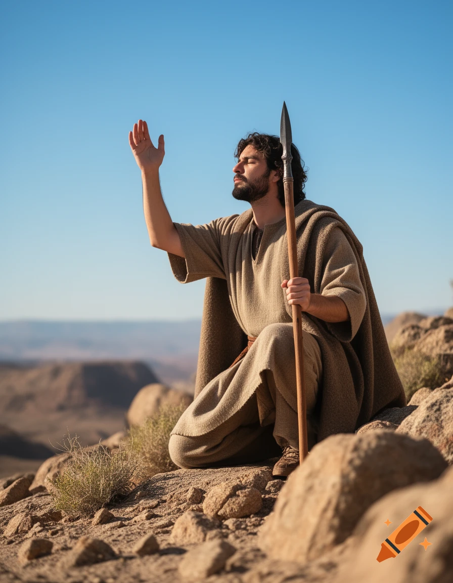 A man in ancient robes kneels in a desert, holding a spear, with one hand raised and face looking up at the sky.