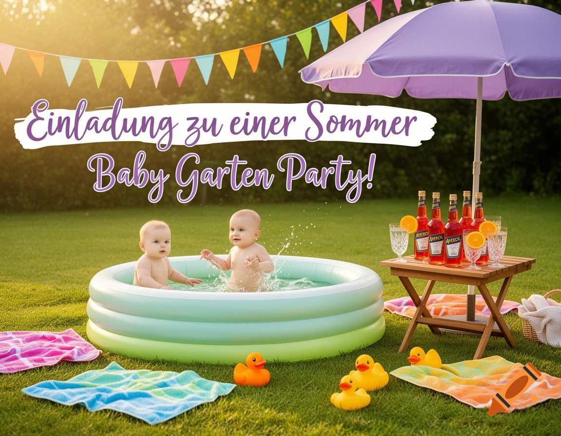 Two babies splash in a small inflatable pool on a sunny lawn with party bunting, a parasol, drinks, and text 'Einladung zu einer Sommer Baby Garten Party!'.