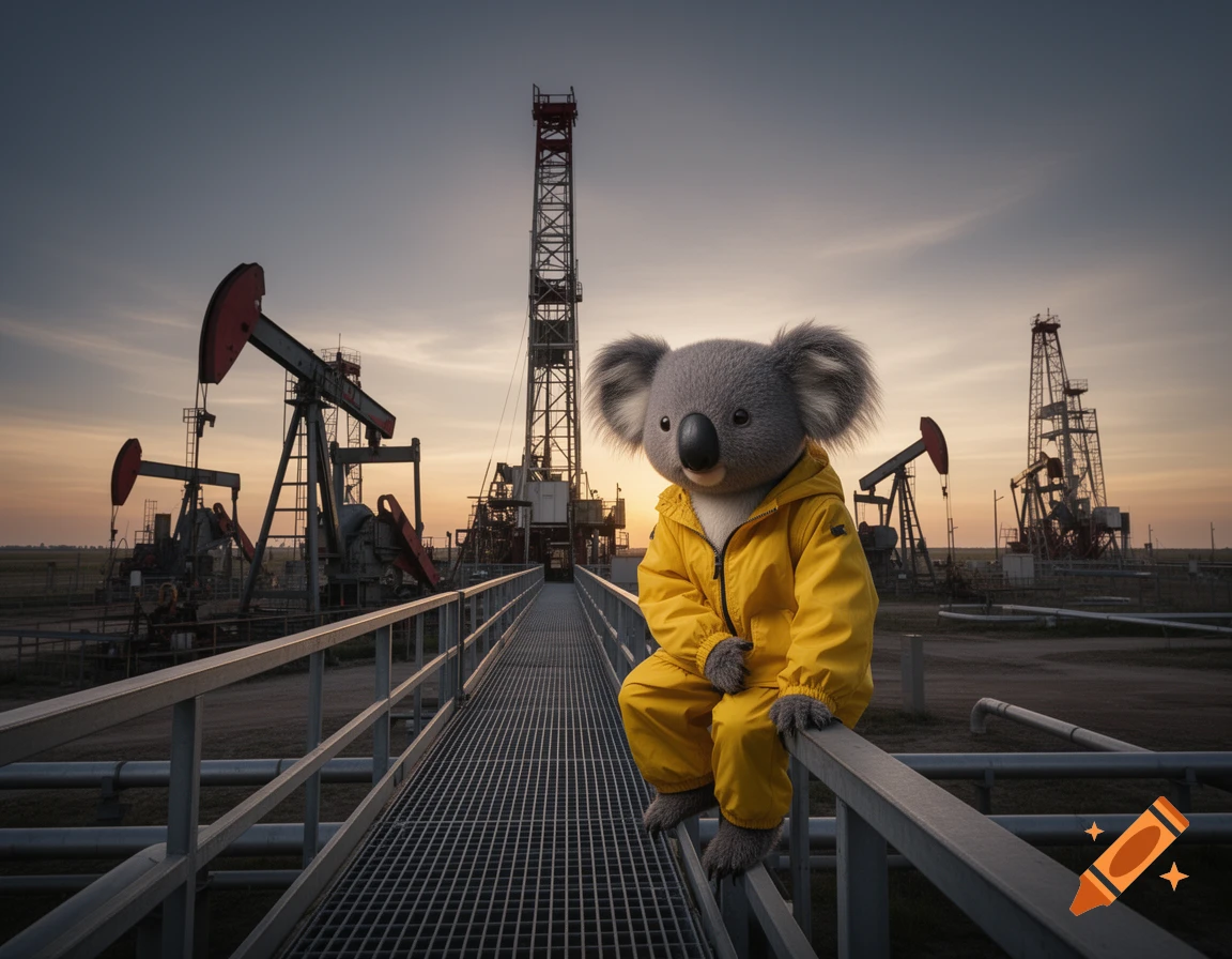 A photorealistic koala wearing a yellow windbreaker sits on a metal railing in an oil field with drilling rigs and pump jacks under an evening sky.