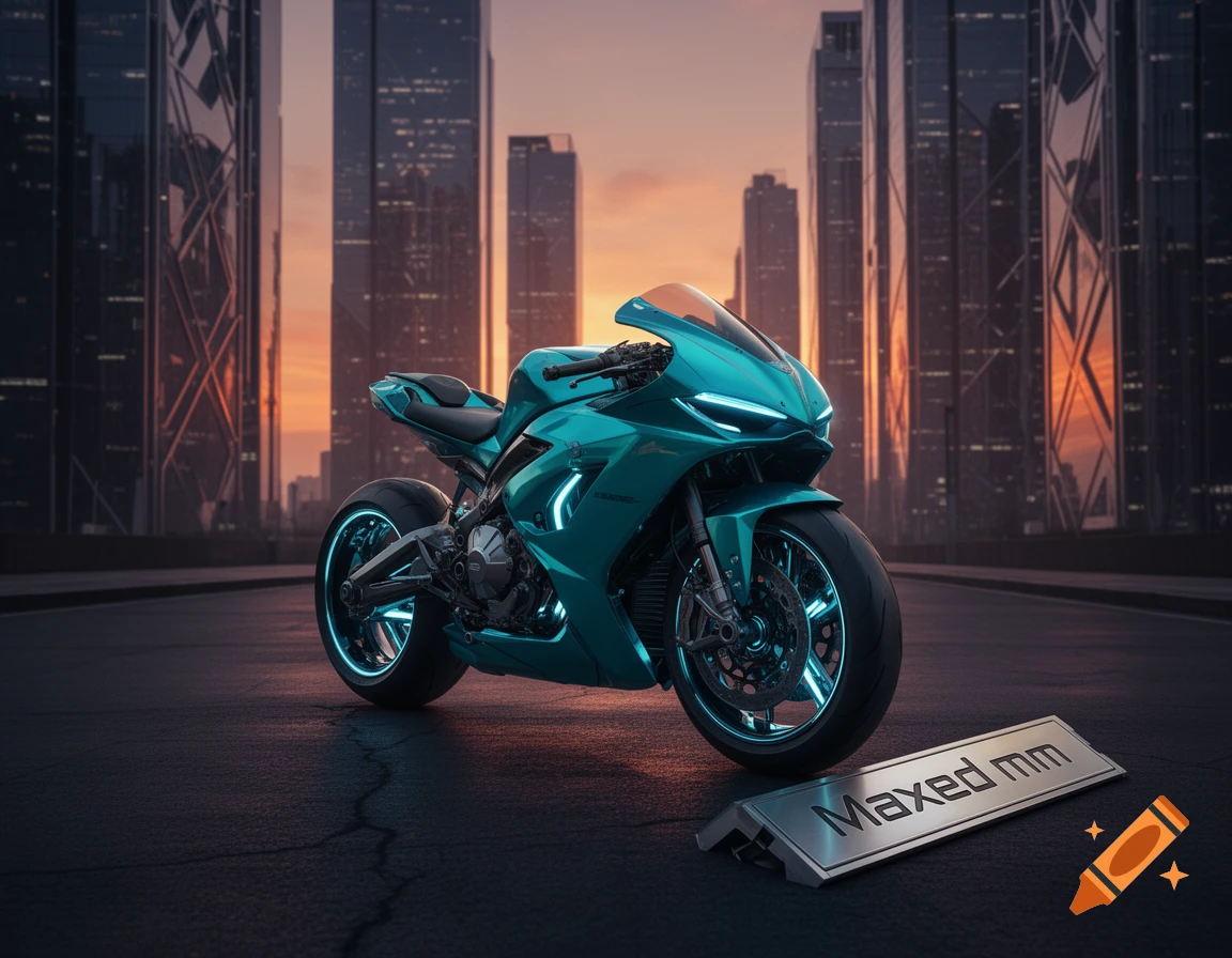 A sleek teal futuristic motorcycle with glowing accents parked on a city street at sunset, with tall skyscrapers in the background. A metal plaque on the ground reads 'Maxed mm'.