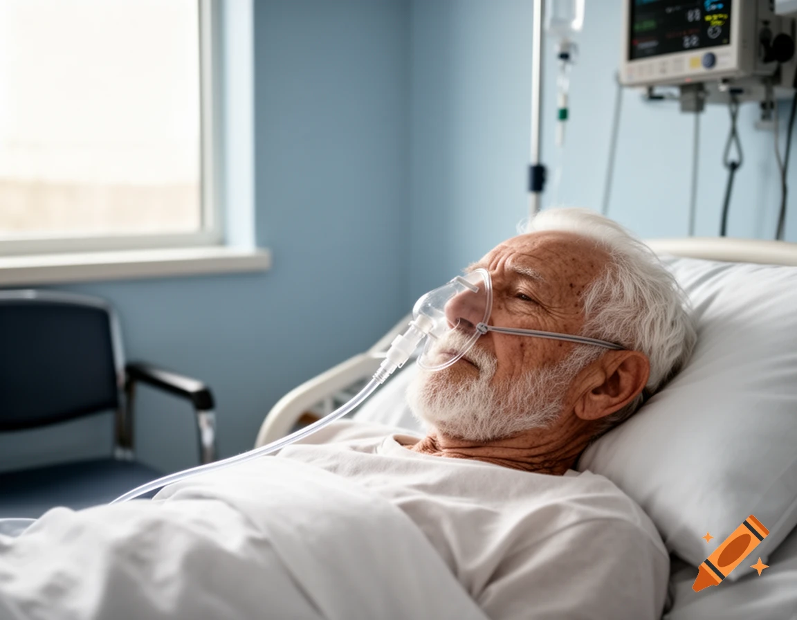 An elderly man with white hair and a beard lies in a hospital bed, wearing an oxygen mask. A medical monitor is visible in the background.