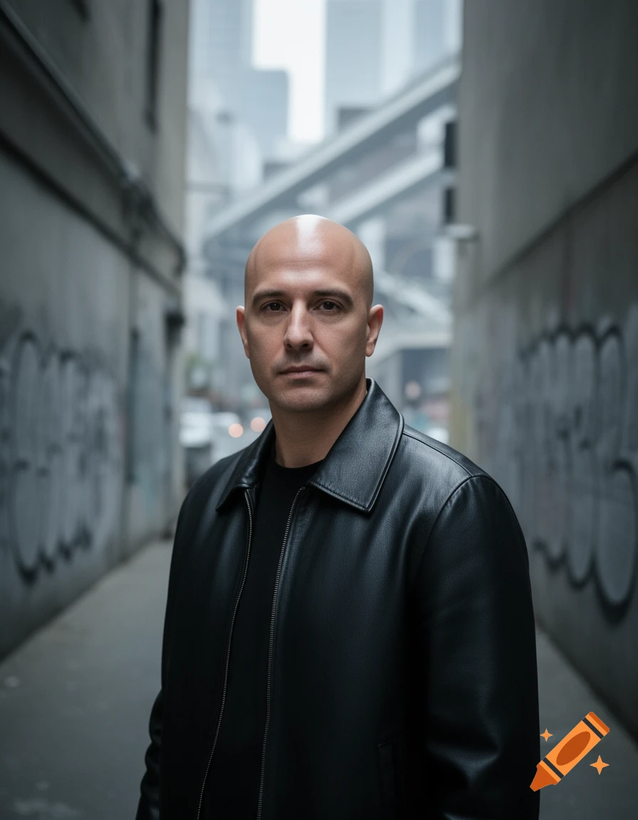 A bald man in a black leather jacket stands looking forward in a shadowy urban alleyway with graffiti-covered walls.