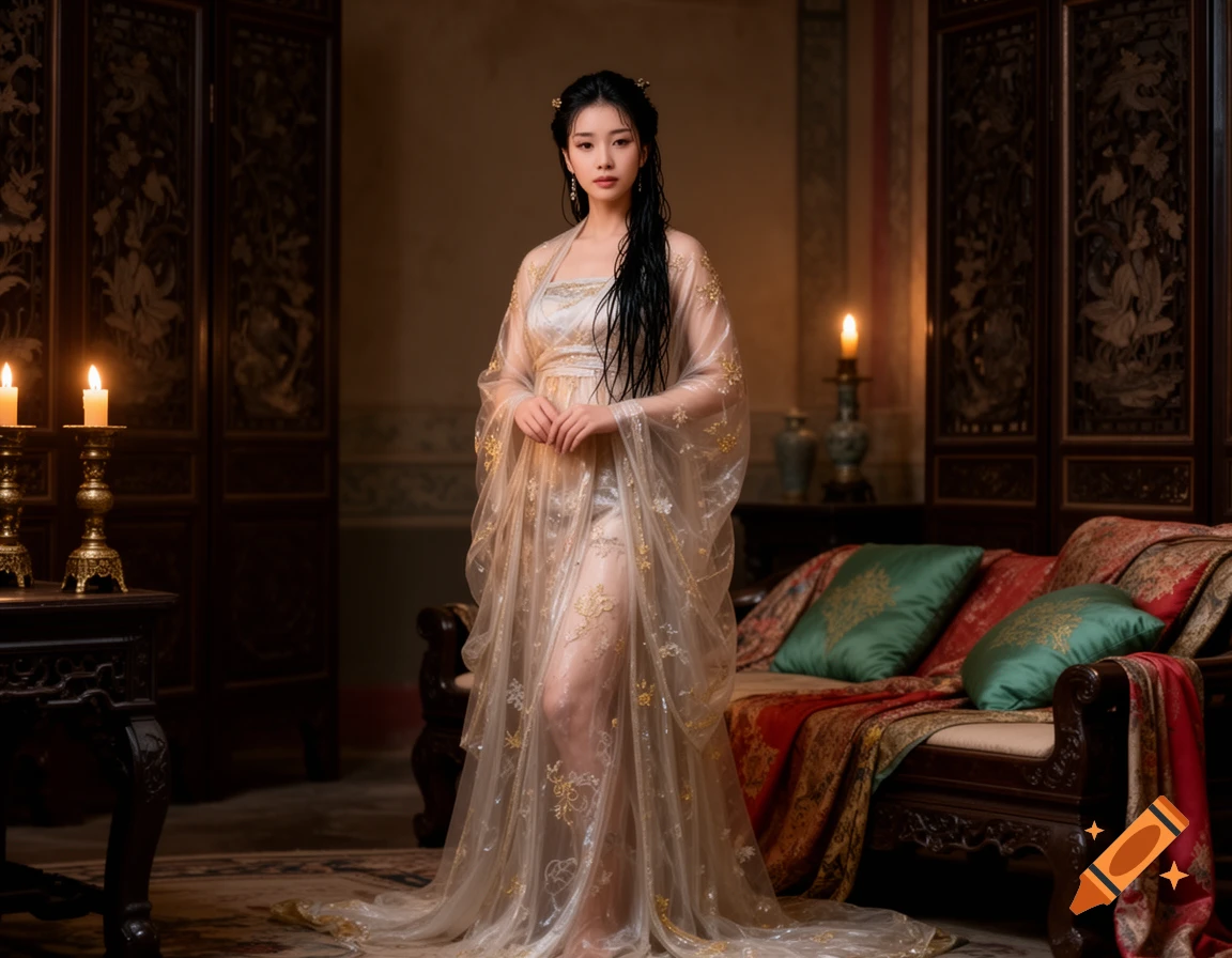 A woman in a sheer, intricately embroidered golden and white traditional Chinese dress stands in a dimly lit, ornate room with candles.