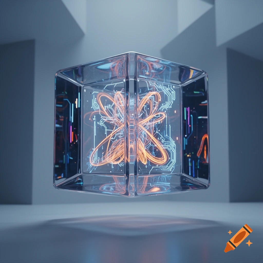 A glowing orange energy core inside a transparent, reflective cube, surrounded by circuit patterns, floating in a minimalist room.
