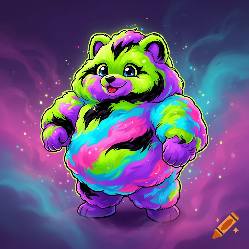 A fluffy, colorful cartoon bear mascot character with lime green, black, neon purple, neon blue, and neon pink fur, set against a glowing purple background.