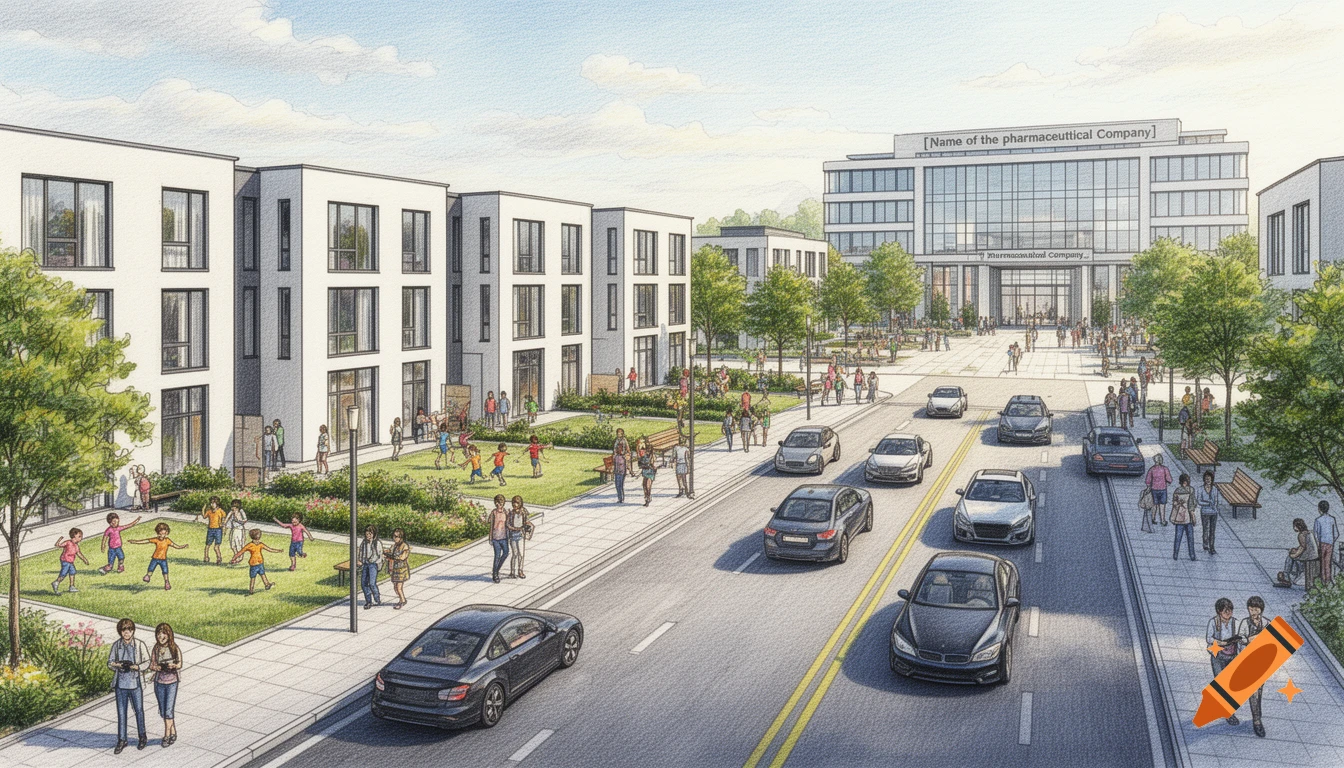 Colored pencil drawing of a modern city neighborhood with apartment buildings, a street with cars, people walking, children playing in courtyards, and a large pharmaceutical company building in the background.