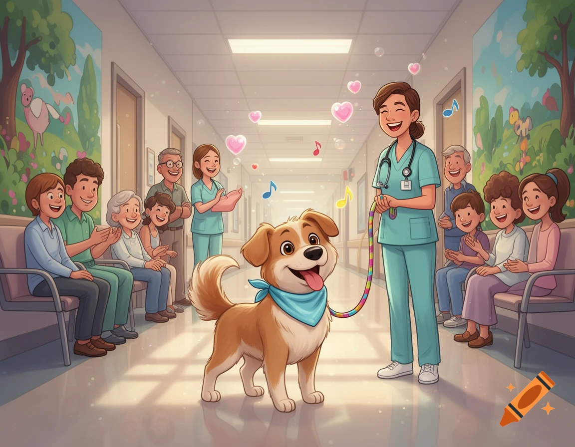 A friendly cartoon dog on a leash with a nurse in a hospital hallway, surrounded by happy patients and staff.
