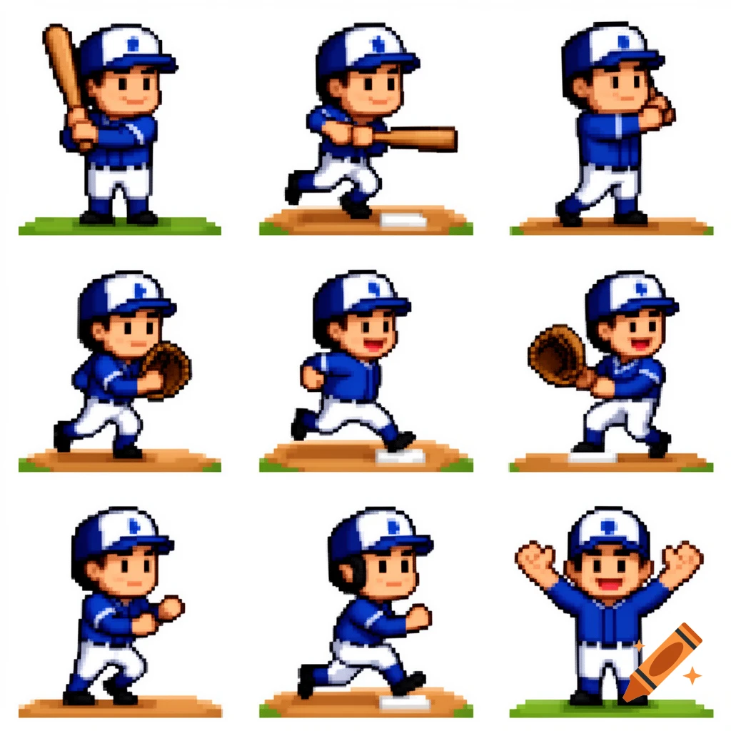 A 16x16 pixel art sprite sheet showing nine baseball characters in various poses, wearing blue and white uniforms with caps, holding bats and gloves.
