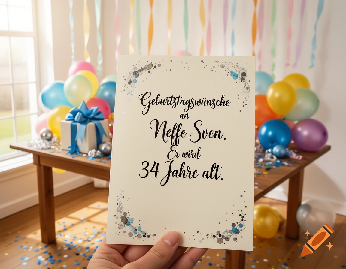 A hand holds a birthday card with German text, in front of a table with a gift, colorful balloons, and confetti in a bright room.