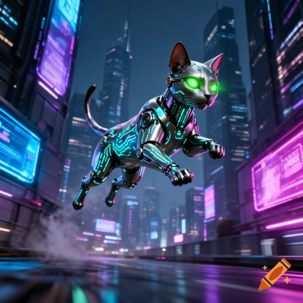 A metallic cybernetic cat with glowing green eyes and blue circuits leaps through a neon-lit futuristic city street.