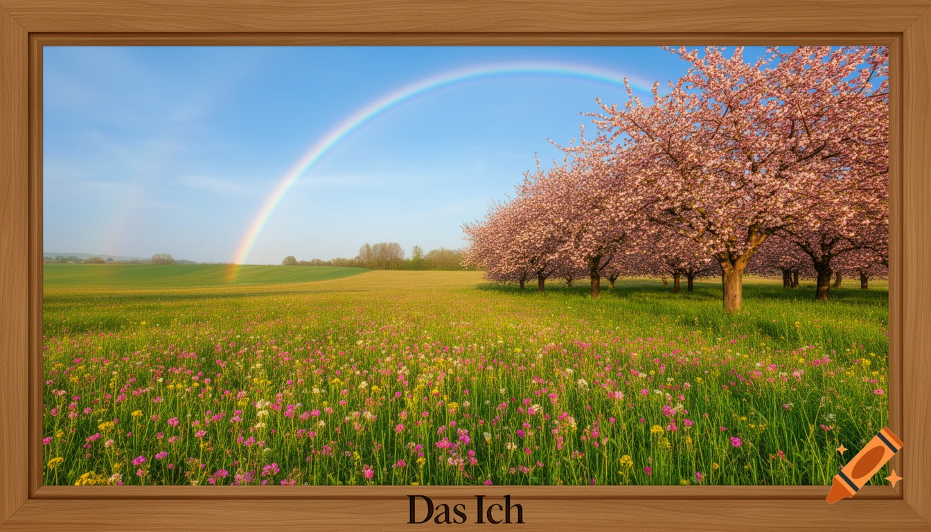 Photorealistic spring landscape with a vibrant rainbow over a field of colorful wildflowers and pink cherry blossom trees, framed in wood.