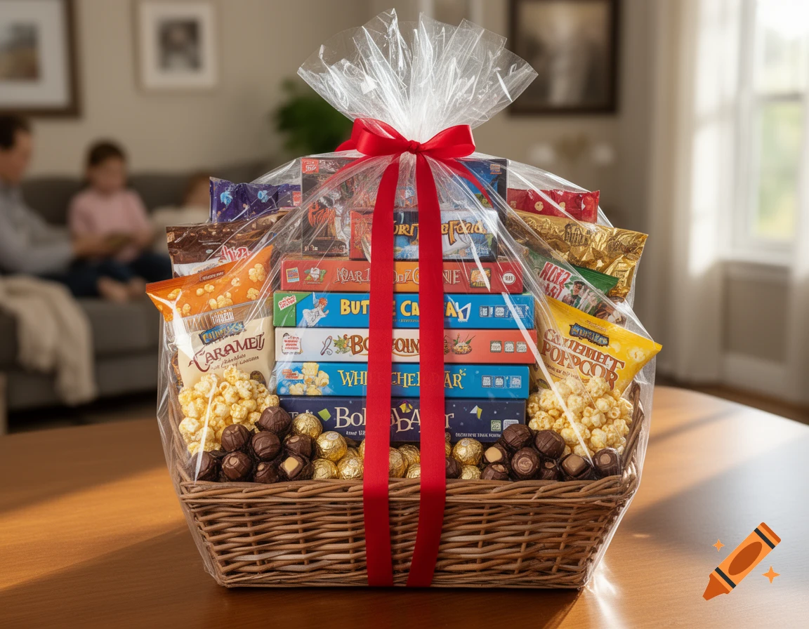 A gift basket with board games, popcorn, and chocolates, tied with a red ribbon. Blurred background shows people on a couch.