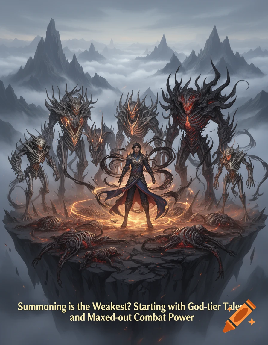 A dark fantasy digital art piece showing a summoner surrounded by several large, monstrous creatures on a floating rock island, with misty mountains in the background.