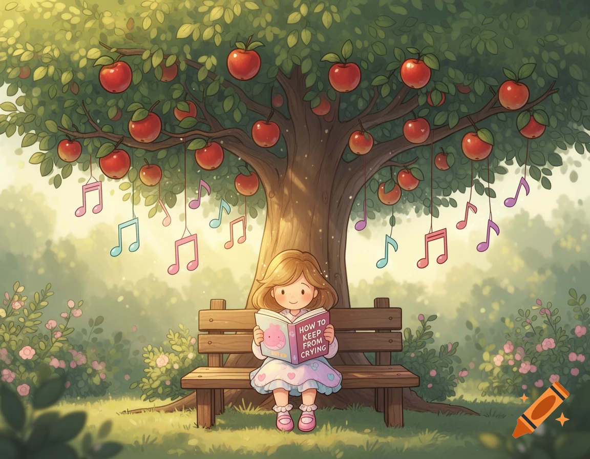 Cartoon girl sitting on a bench under an apple tree adorned with apples and music notes, reading a book.