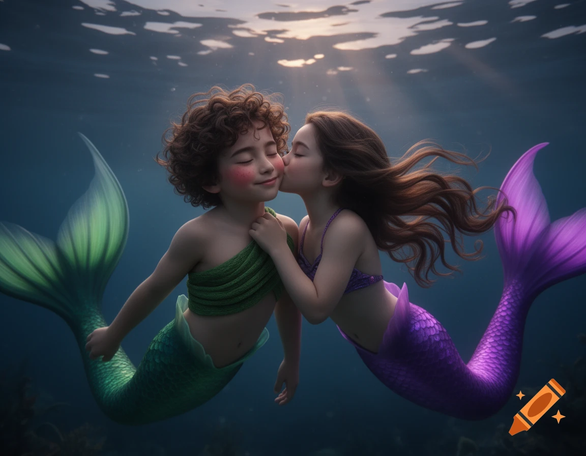 Two young mermaid children underwater; one with a green tail and chest wrap blushes as the other with a purple tail kisses their cheek.