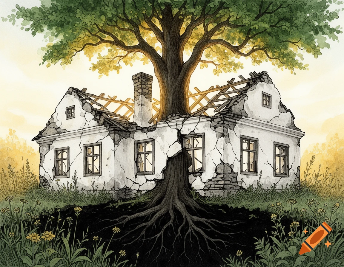 Watercolor illustration of a large tree growing out of a ruined white farmhouse, surrounded by wildflowers under a golden sky.