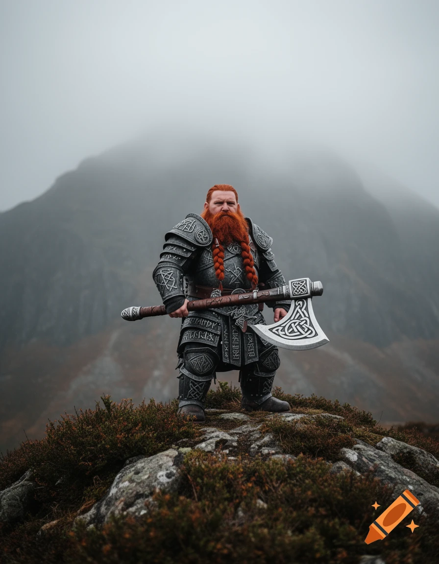 A stern dwarf warrior with a braided red beard and intricate armor holds a large axe on a rocky, mossy hill with a foggy mountain in the background.