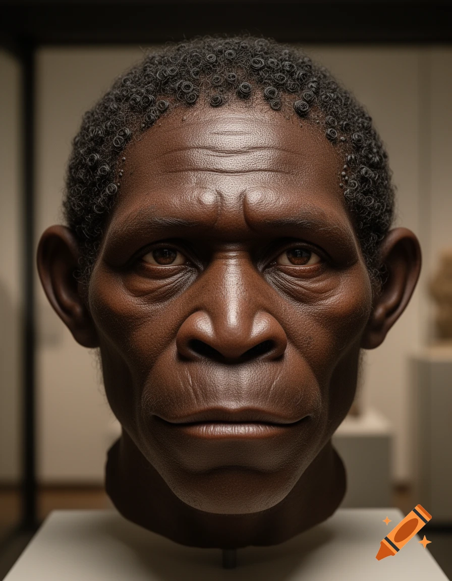 Photorealistic museum bust of an early Homo sapiens ancestor with dark skin, peppercorn hair, and a thoughtful expression.