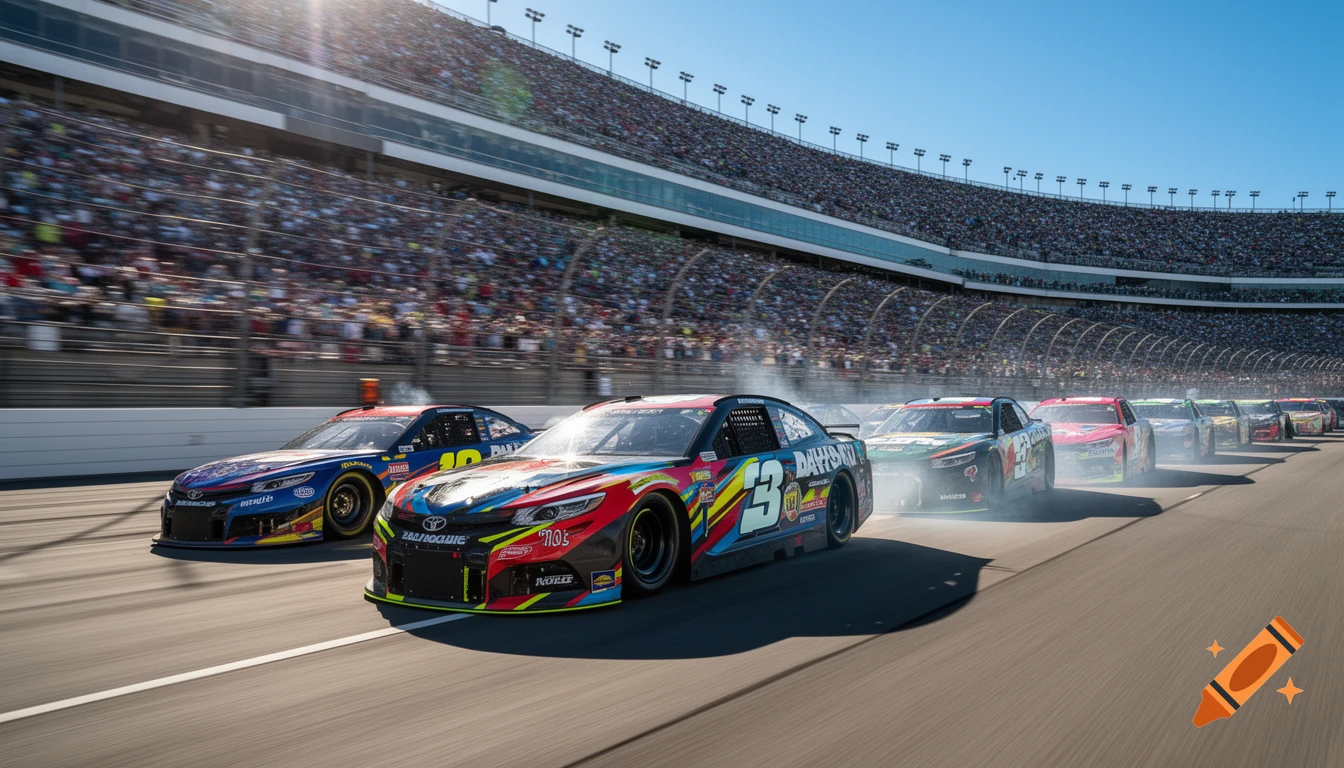 Photorealistic image of colorful NASCAR race cars speeding on a track, kicking up smoke, with a blurred crowd in grandstands under a sunny sky.